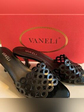 Vaneli Black Laser-Cut Open-Toe Mule Sandals